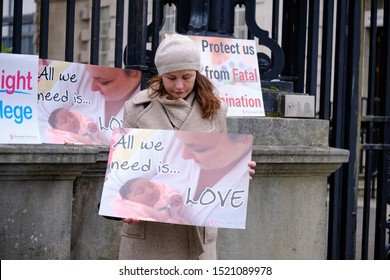 Pro Life Protesters Outsider The Belfast High Court With Signs, As Northern Ireland Abortion Laws Are Being Challenged. Belfast, UK. October 3, 2019