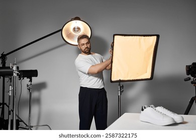 A pro sets up softbox lighting to creatively capture footwear in a studio.