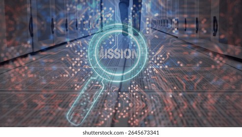 IT pro wearing slacks walking in data center aisle, with server racks, floor tiles, mission overlay. Technology, data, cybersecurity, networking, infrastructure, innovation, digital