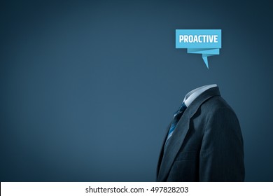 Proactive Businessman Concept. Businessman With Abstract Brain And Text Proactive.
