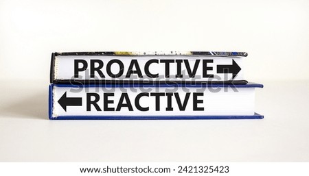 Proactive and reactive symbol. Concept word Proactive Reactive on beautiful books. Beautiful white table white background. Business proactive and reactive concept. Copy space.
