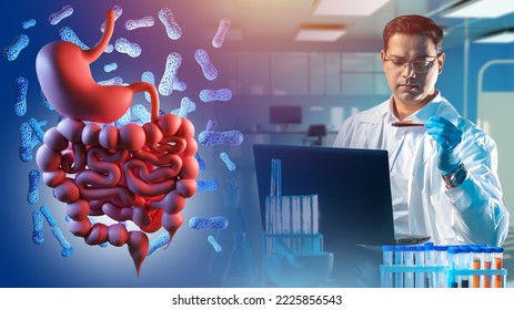 Probiotic bacteria research. Man researcher with flask. Stomach with probiotic elements. Guy in white coat. Man study probiotics. Study microflora gastrointestinal tract. Gastroenterology science - Shutterstock ID 2225856543