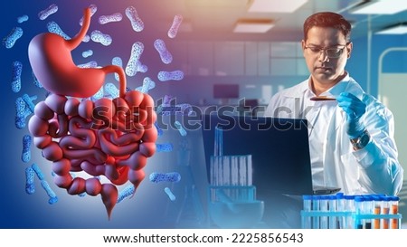 Probiotic bacteria research. Man researcher with flask. Stomach with probiotic elements. Guy in white coat. Man study probiotics. Study microflora gastrointestinal tract. Gastroenterology science