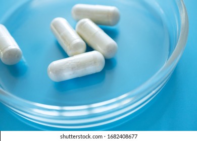 Probiotic Supplement In Capsules In Glass Petri Dish On Blue Background, Close-up. Concept Immune Defense. Dietary Supplement Pills