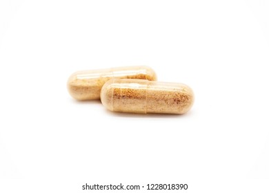 Probiotics (Lactobacillus) capsules isolated on white background.