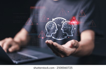 Problem and Ai error warning concept. automatic warning system for notification error and maintenance. Person using laptop with artificial Intelligence technology system error detected.