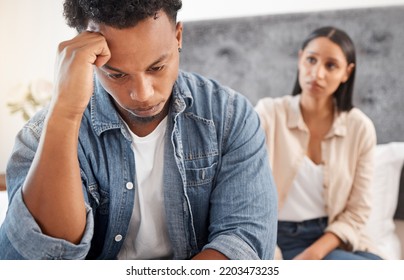 Problem, Fight And Depressed Couple Argue In Bedroom At Home Together For Cheating, Divorce Or Mental Health. Angry, Sad Or Fail With Frustrated Man Ignoring Woman In Toxic Relationship