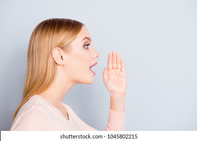 Problem People Person Share  Business Sale Discount Businesswoman Whisper Gossip Rumor Concept. Half-faced Close Up Portrait Of Astonished Amazed Woman Holding Hand Near Mouth Isolated Gray Background