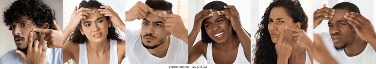 Problem Skin. Diverse Multiethnic People Popping Pimples On Forehead While Standing Near Mirror At Home, Upset Men And Women Inspecting Their Faces, Suffering Acne, Creative Collage - Shutterstock ID 2294095865