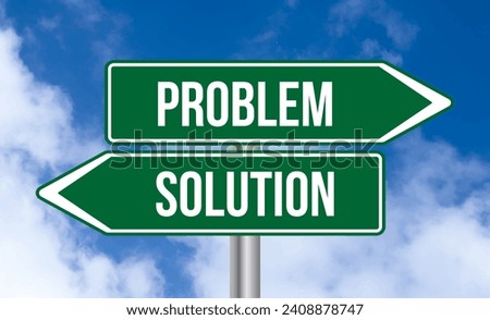 Problem or solution road sign on blue sky background