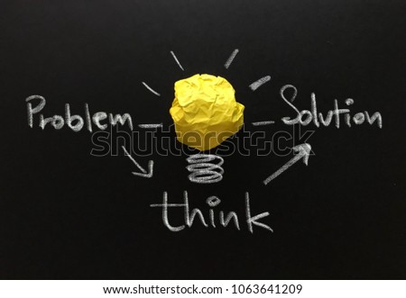 Problem, solutions and think process, concept of idea and innovation with yellow paper ball as light bulb, inspiration