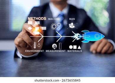 Problem solving concept with businessman focus on method on fishbone diagram to problem analysis to solve problems quickly and move forward like a rocket