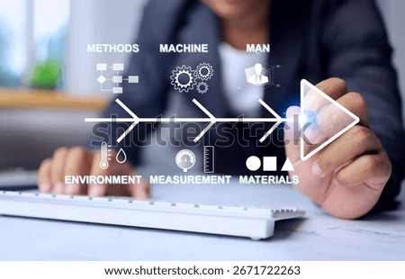 problem solving concept with businessman using fishbone diagram to analysis for production and industrial to find root cause and corrective action