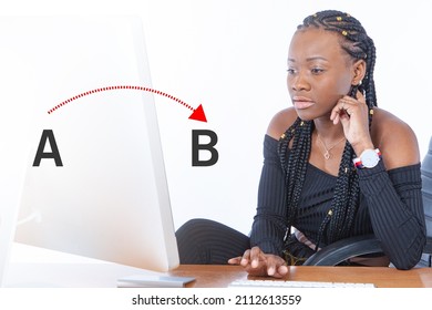 Problem solving concept. Line from point A to B next to girl. African American girl is solving a problem. Woman office worker next to a computer. She is considering a solution to her problem.