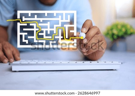 Problem solving concept with people writing route in maze refers to trying to find a way to solve a complex and difficult problem in order to find a good solution