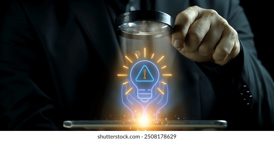 Problem solving concept. the process of achieving a goal by overcoming obstacles, problems in need of solutions in business. Businessman shows neon line of problem solving icon on virtual screen.