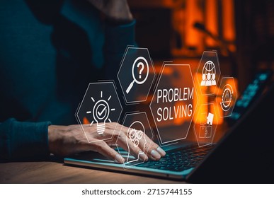 Problem solving strategy in business and technology with a person working on laptop, surrounded by icons for solution finding, troubleshooting, analysis, and critical thinking in a digital environment