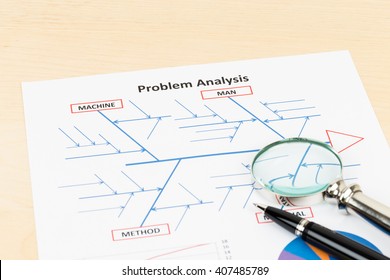 Problem Solving Using Cause And Effect Or Fishbone Diagram With Pen And Magnifier