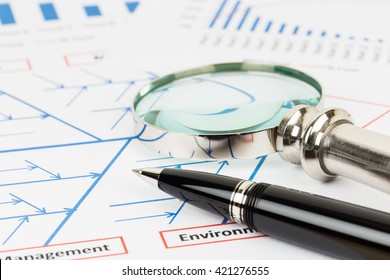 Problem Solving Using Cause And Effect Or Fishbone Diagram With Pen And Magnifier