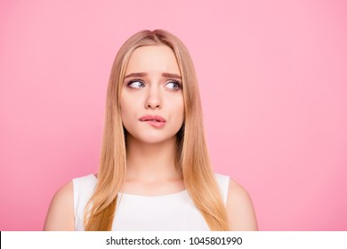 Problem trouble negative nervous sad unhappy upset people concept. Close up portrait of sweet charming tender gentle nervous beautiful attractive elegant stunning girl looking side isolated background