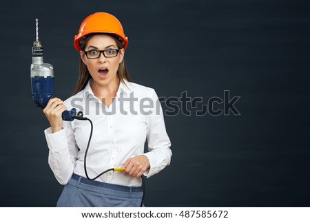Problems with builder tools and business woman. Black isolated.