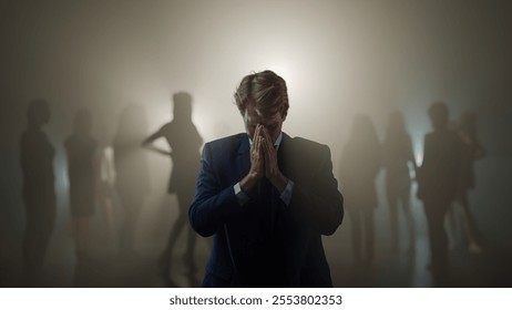 Problems in a relationship, a young man cannot find the only love. A suffering young man and ex-girlfriends in the background in the fog