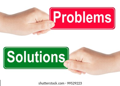 Problems and Solutions traffic sign in the hand on the white background