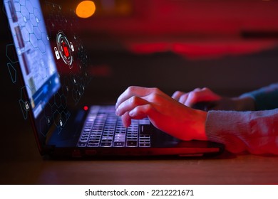 Problems With Unprotected Data In The Workplace Are Under Threat Of Hacking, Female Hands Are Typing On The Keyboard In Close-up, Trying To Pass Verification, Icons, Drawn Lock Above The Laptop.