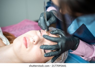 Procedure Of Eyebrow Microblading. A Master In Black Gloves Is Doing A Blending Needle Of Model's Brow. High Quality Photo