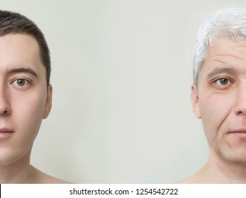Process of aging and rejuvenation. Young man old face life aging concept. Collage of two portraits of the same old and young man. Face lifting, aging and skincare. Youth and old age. 