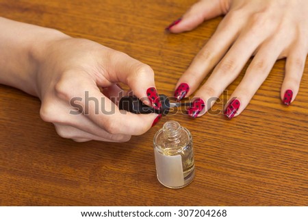  	  The process of applying for the varnished nails topcoat.