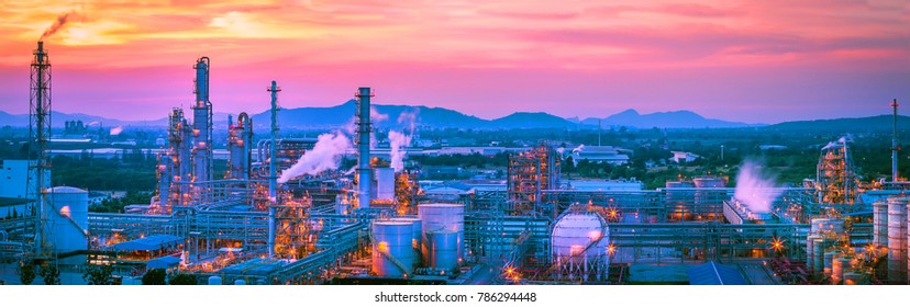 Process Area Of Petroleum And Chemical Plant , Panorama View And Twilight Scene Of Oil Refinery Plant With Beautiful Color Sky