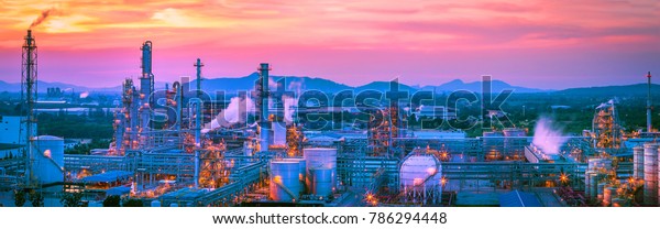 Process area of petroleum and chemical plant ,\
Panorama view and twilight scene of oil refinery plant with\
beautiful color sky