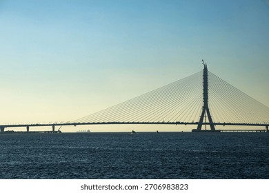 the process of building a large bridge over water or a vast area