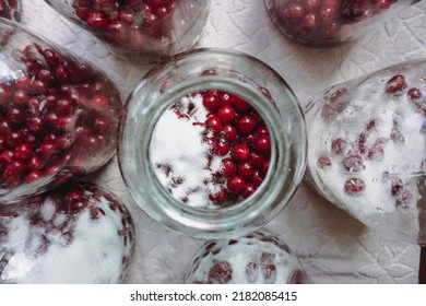 The Process Of Canning Cherry Jam, Cherries In A Glass Jar.