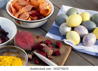 Process of coloring Easter eggs with various food natural dyes. Preparing for Easter.