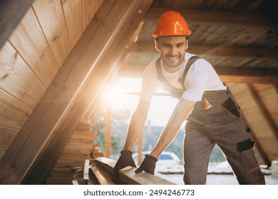 Process of construction new and modern modular house. Worker man in special protective uniform wear working on building development industry of energy efficient property.