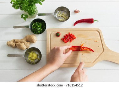 Process Cooking Salsa Overhead White Wooden Background.