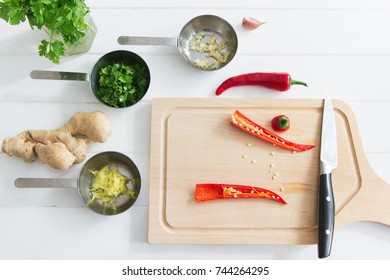 Process Cooking Salsa Overhead White Wooden Background.