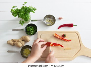 Process Cooking Salsa Overhead White Wooden Background.