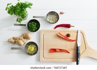 Process Cooking Salsa Overhead White Wooden Background.