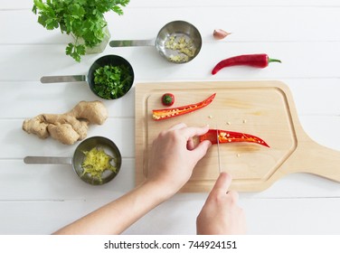 Process Cooking Salsa Overhead White Wooden Background.