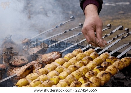 The process of cooking shish kebab of pork and potatoes with pieces of lard on skewers. The smoke comes from the barbecue. A man's hand sprinkles salt and spices on a grilled shish kebab