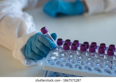 Process Of Coronavirus Testing Examination By Nurse Medic In Laboratory Lab, COVID-19 Swab Collection Kit, Test Tube For Taking OP NP Patient Specimen Sample, Patient Receiving A Corona Test
