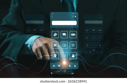 Process of creating an interface for a mobile app. User interface and experience concept. Holographic displays, icons, data visualizations. Web, application, coding develop. UX-UI design development.
