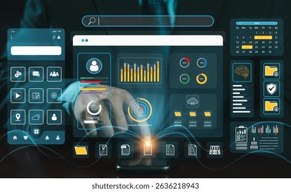 Process of creating an interface for a mobile app. User interface and experience concept. Holographic displays, icons, data visualizations. Web, application, coding develop. UX-UI design development.