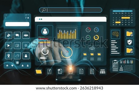 Process of creating an interface for a mobile app. User interface and experience concept. Holographic displays, icons, data visualizations. Web, application, coding develop. UX-UI design development.