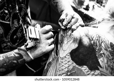 the process of creating a tattoo on the back of a girl. Professional tattoo. Carp Fish tattoo