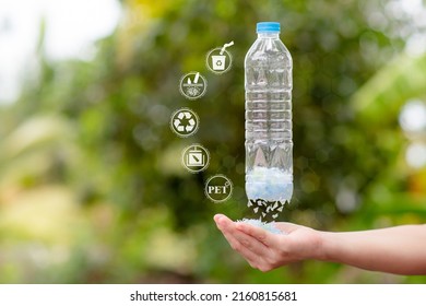 The process of cutting plastic bottles into flakes or small pieces of plastic. and bring it to the next recycling process. Recycle icon, sustainable icon and Bottle icon. Chemical concept