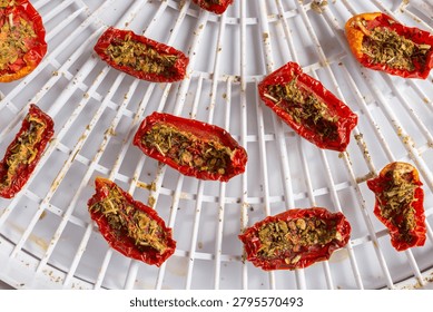 Process of drying sliced tomatoes with spices. Drying of products in an electric dryer (dehydrator). Preservation of beneficial properties and vitamins. Healthy eating. Autumn preparations.